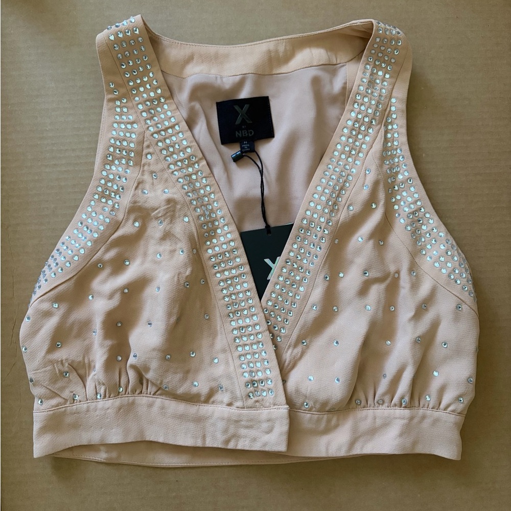 NBD Beige Embellished Crop Top